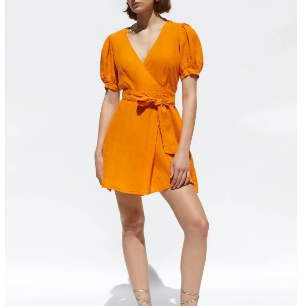 Zara Orange Macy Wrap Dress In 100% Linen